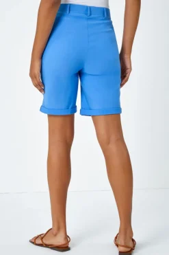 Roman Light Denim Elastic Waist Turn Up Stretch Shorts