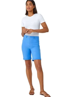 Roman Light Denim Elastic Waist Turn Up Stretch Shorts