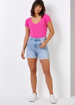 Roman Light Denim Stretch Denim Mom Shorts