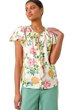 Roman Light Pink Floral Tie Front Frill Top