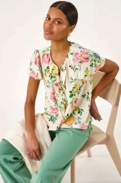 Roman Light Pink Floral Tie Front Frill Top