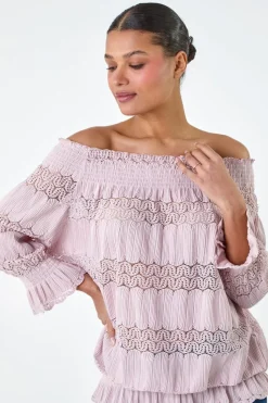 Roman Light Pink Lace Insert Frill Bardot Top