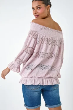 Roman Light Pink Lace Insert Frill Bardot Top