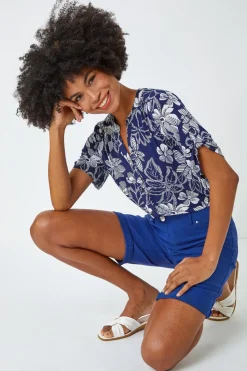 Roman Midnight Blue Elastic Waist Turn Up Stretch Shorts