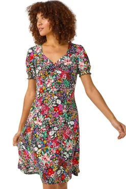 Roman Multi Floral Print Ruched Stretch Dress
