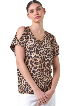 Roman Natural Animal Print Cold Shoulder Stretch Top