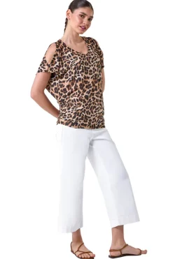 Roman Natural Animal Print Cold Shoulder Stretch Top