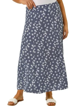 Roman Navy Curve Daisy Print Midi Skirt