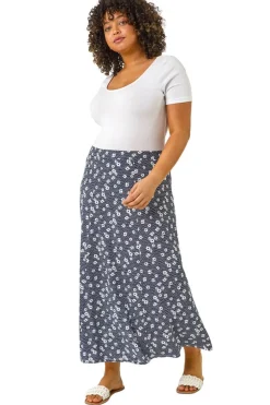 Roman Navy Curve Daisy Print Midi Skirt