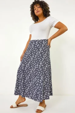 Roman Navy Curve Daisy Print Midi Skirt