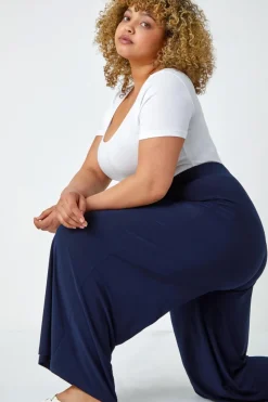 Roman Navy Curve Elastic Waist  Wide Leg Trousers