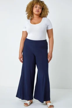 Roman Navy Curve Elastic Waist  Wide Leg Trousers