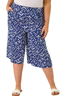 Roman Navy Curve Ikat Print Wide Leg Culottes