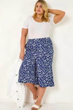 Roman Navy Curve Ikat Print Wide Leg Culottes