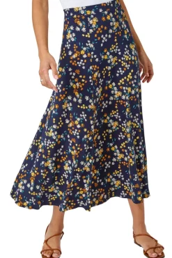 Roman Navy Ditsy Floral Print Elastic Waist Midi Skirt