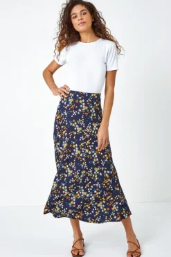Roman Navy Ditsy Floral Print Elastic Waist Midi Skirt
