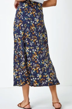 Roman Navy Ditsy Floral Print Elastic Waist Midi Skirt
