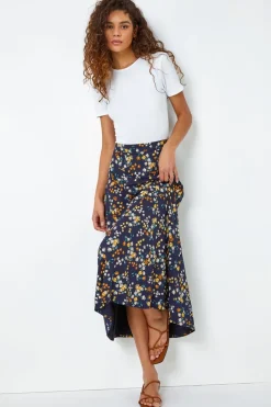 Roman Navy Ditsy Floral Print Elastic Waist Midi Skirt