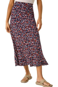 Roman Navy Ditsy Floral Stretch Midi Skirt