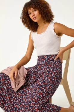Roman Navy Ditsy Floral Stretch Midi Skirt
