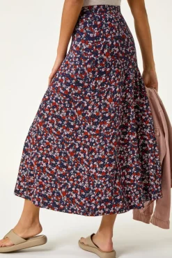 Roman Navy Ditsy Floral Stretch Midi Skirt