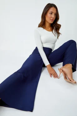 Roman Navy Elastic Waist Wide Leg Stretch Trousers