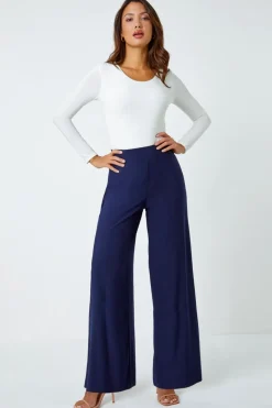 Roman Navy Elastic Waist Wide Leg Stretch Trousers