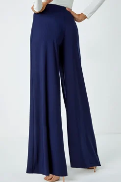 Roman Navy Elastic Waist Wide Leg Stretch Trousers