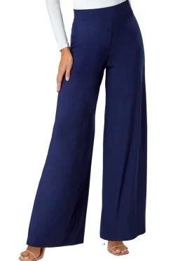 Roman Navy Elastic Waist Wide Leg Stretch Trousers