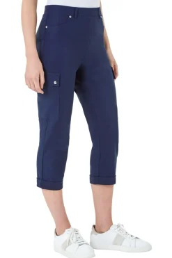 Roman Navy Elastic Waist Turn Up Stretch Cargo Trousers