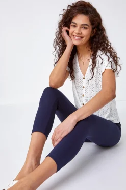 Roman Navy Elastic Waist Stretch Cropped Leggings