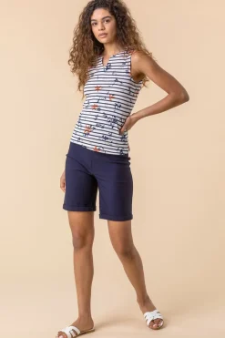 Roman Navy Elastic Waist Turn Up Stretch Shorts