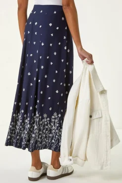 Roman Navy Floral Border Print Stretch Skirt