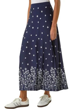 Roman Navy Floral Border Print Stretch Skirt
