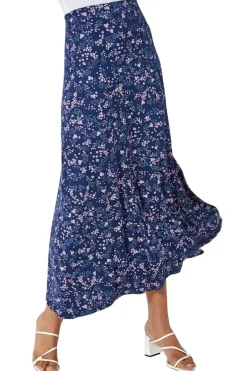 Roman Navy Floral Print Elastic Waist Midi Stretch Skirt