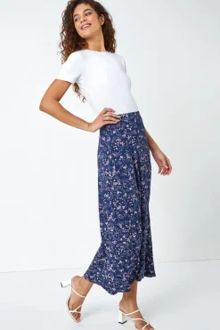 Roman Navy Floral Print Elastic Waist Midi Stretch Skirt