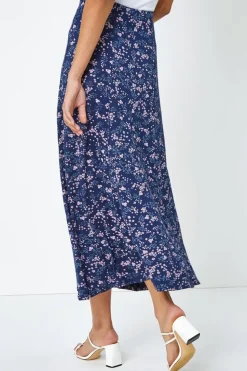 Roman Navy Floral Print Elastic Waist Midi Stretch Skirt