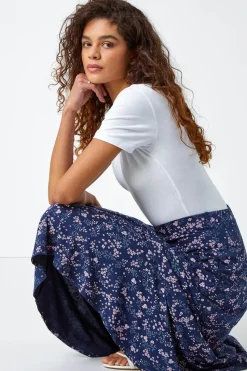 Roman Navy Floral Print Elastic Waist Midi Stretch Skirt