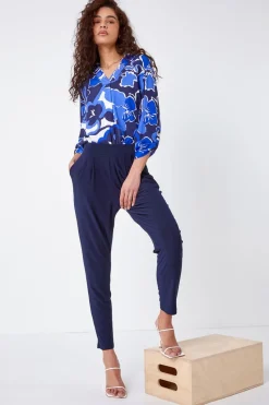 Roman Navy Jersey Stretch Elastic Waist Harem Trousers