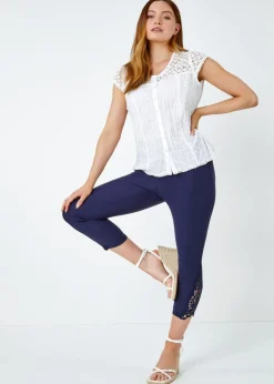 Roman Navy Lace Insert Crop Stretch Trousers