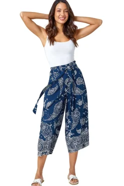 Roman Navy Paisley Print Wide Leg Cropped Trousers