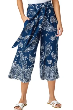 Roman Navy Paisley Print Wide Leg Cropped Trousers