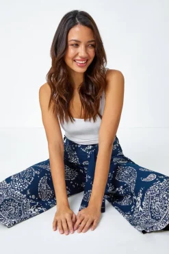 Roman Navy Paisley Print Wide Leg Cropped Trousers