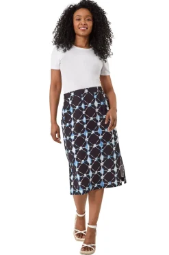 Roman Navy Petite Geometric Midi Skirt