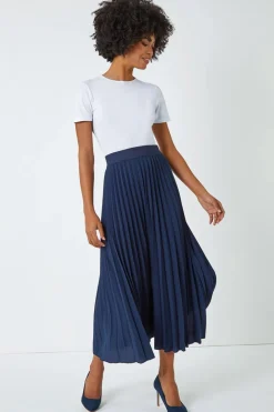 Roman Navy Pleated Elastic Waist Maxi Stretch Skirt