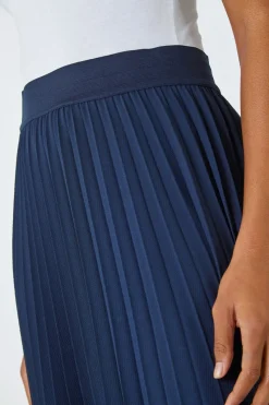Roman Navy Pleated Elastic Waist Maxi Stretch Skirt