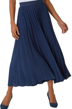Roman Navy Pleated Elastic Waist Maxi Stretch Skirt