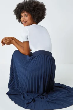Roman Navy Pleated Elastic Waist Maxi Stretch Skirt