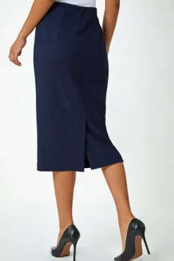 Roman Navy Textured  Elastic Waist Pencil Midi Skirt