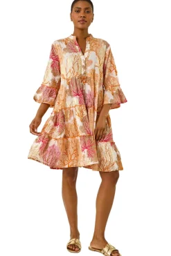 Roman Orange Embroidered Cotton Printed Frill Smock Dress